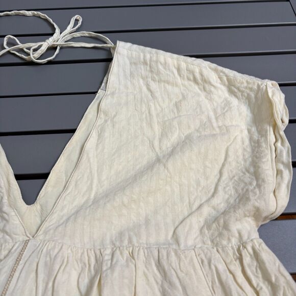 Urban Outfitters Serendipity Linen Babydoll Dress Womens S Cream Smocked V Neck - Picture 4 of 10